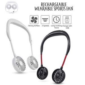 Portable Hanging Wearable Neck Sports Fan USB Rechargeable 3 Speed Face AC